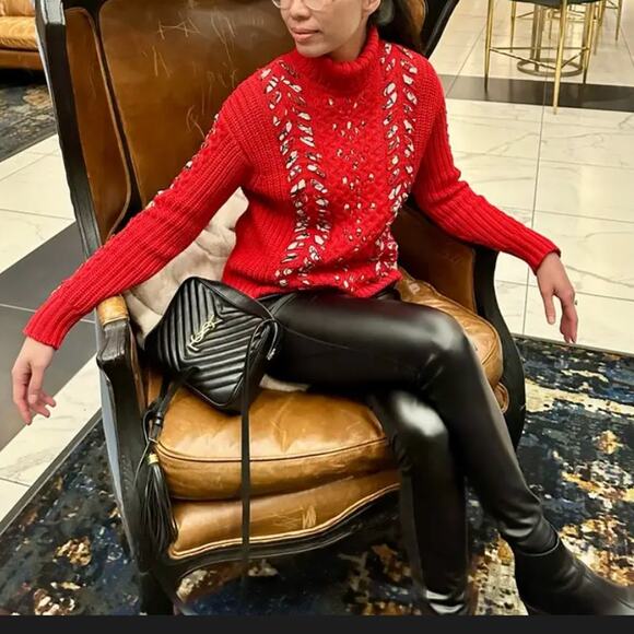 Jason Wu Red Turtleneck Sweater MEDIUM Slouchy Soft Wool Ribbon Oversized $495 - Picture 7 of 10